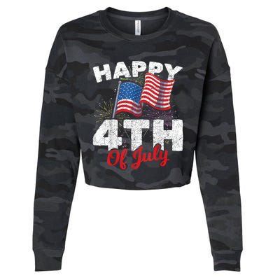 Happy 4th Of July Patriotic American US Flag 4th Of July Cropped Pullover Crew