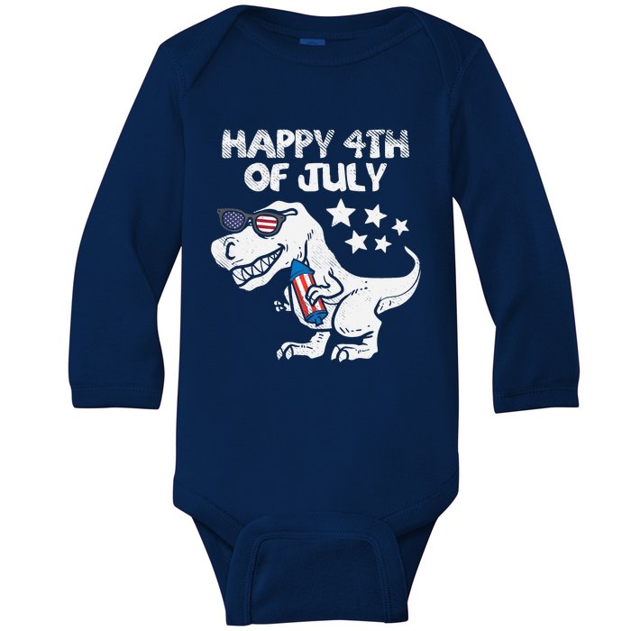 Happy 4th Of July Boy Trex Dinosaur American Dino Baby Long Sleeve Bodysuit