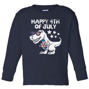 Happy 4th Of July Boy Trex Dinosaur American Dino Toddler Long Sleeve Shirt