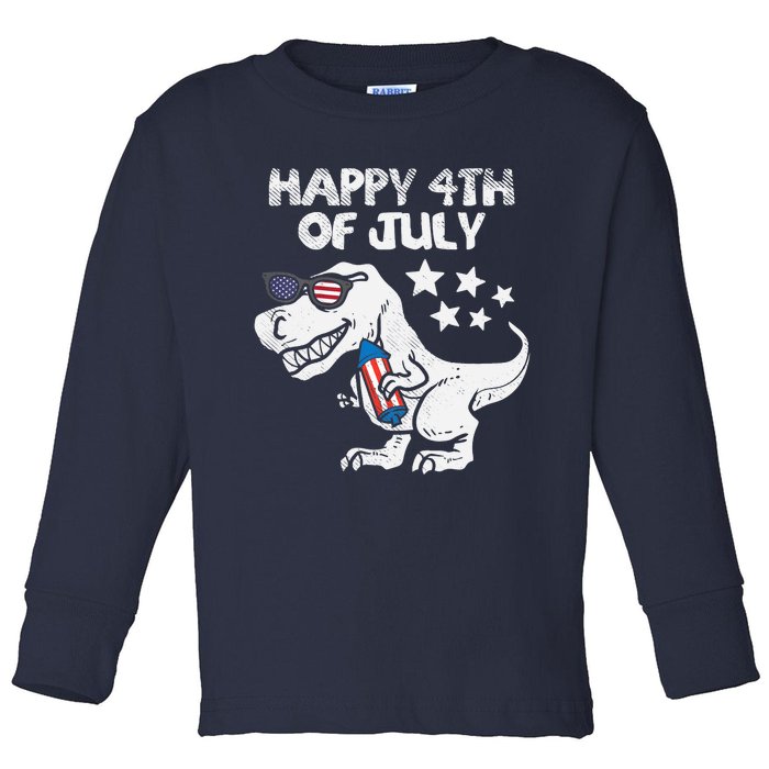 Happy 4th Of July Boy Trex Dinosaur American Dino Toddler Long Sleeve Shirt