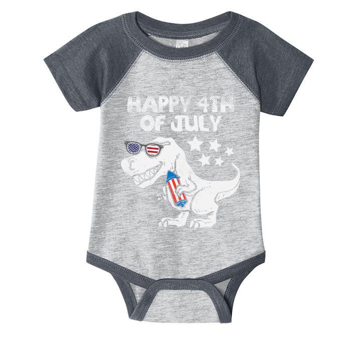 Happy 4th Of July Boy Trex Dinosaur American Dino Infant Baby Jersey Bodysuit