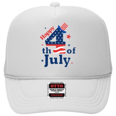 Happy 4th Of July Patriotic American Us Flag High Crown Mesh Back Trucker Hat