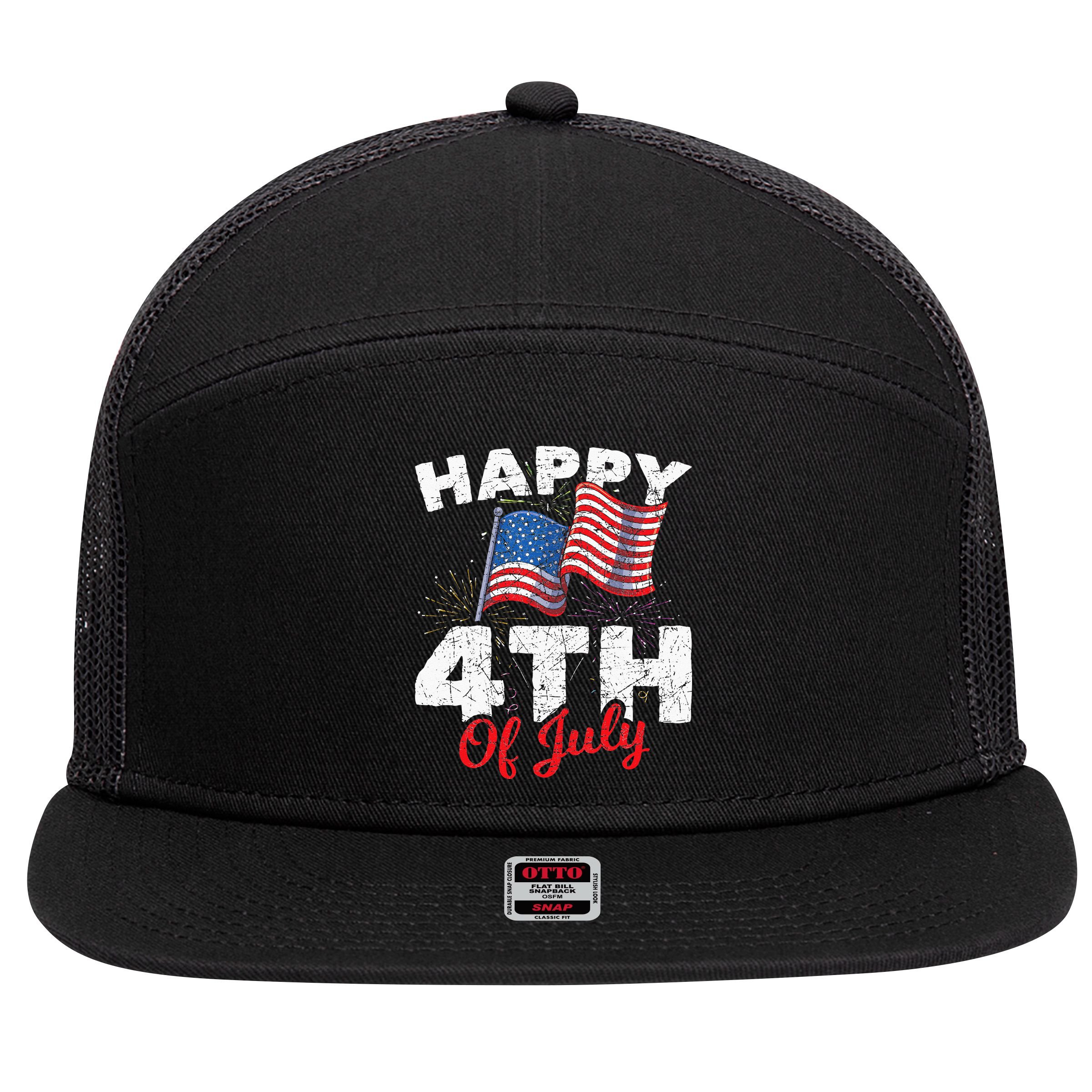 Happy 4th Of July Patriotic American US Flag 4th Of July 7 Panel Mesh Trucker Snapback Hat