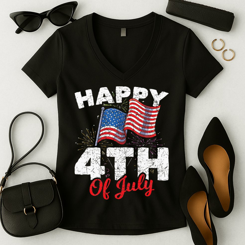 Happy 4th Of July Patriotic American US Flag 4th Of July Women's V-Neck T-Shirt
