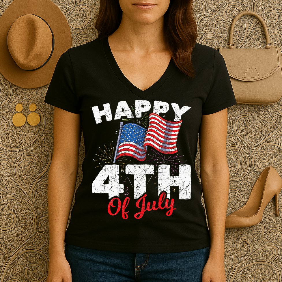 Happy 4th Of July Patriotic American US Flag 4th Of July Women's V-Neck T-Shirt