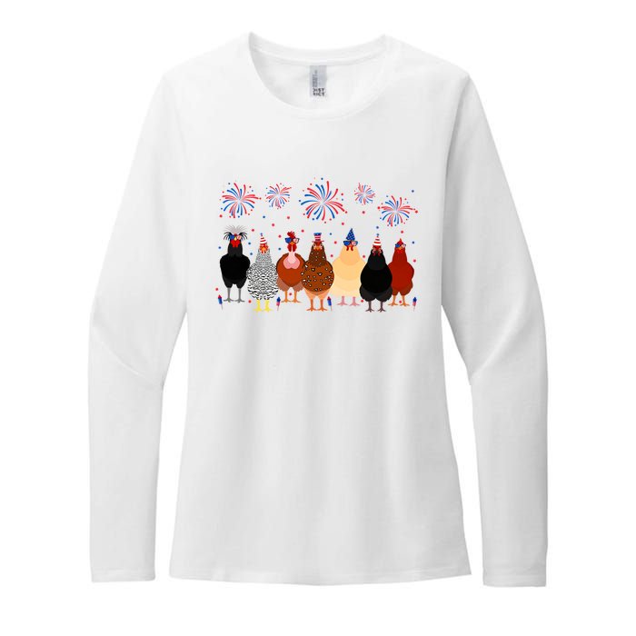 Happy 4th Of July Independence Day Fireworks Chicken Hen Farmer Womens CVC Long Sleeve Shirt