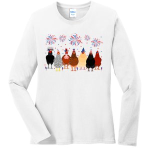 Happy 4th Of July Independence Day Fireworks Chicken Hen Farmer Ladies Long Sleeve Shirt