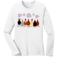 Happy 4th Of July Independence Day Fireworks Chicken Hen Farmer Ladies Long Sleeve Shirt