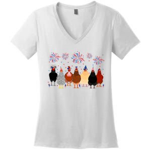 Happy 4th Of July Independence Day Fireworks Chicken Hen Farmer Women's V-Neck T-Shirt