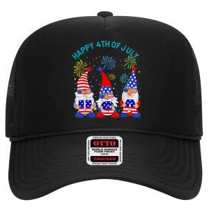 Happy 4th Of July Gnome American US Flag 4th Of July High Crown Mesh Back Trucker Hat