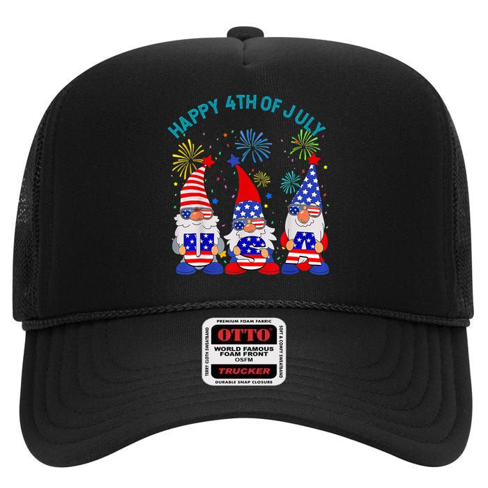 Happy 4th Of July Gnome American US Flag 4th Of July High Crown Mesh Back Trucker Hat