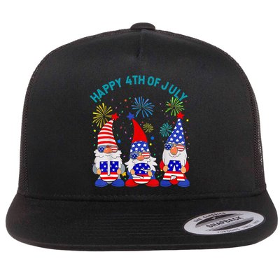 Happy 4th Of July Gnome American US Flag 4th Of July Flat Bill Trucker Hat