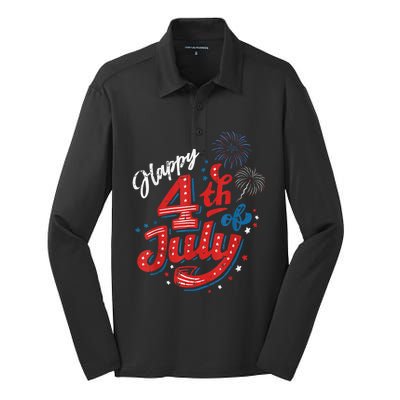 Happy 4th Of July Cool Independence Day Patriotic American Silk Touch Performance Long Sleeve Polo