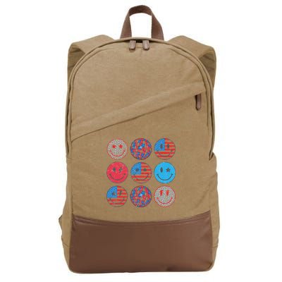 Happy 4th Of July Groovy Smile Face Red White Blue Usa Flag Cotton Canvas Backpack