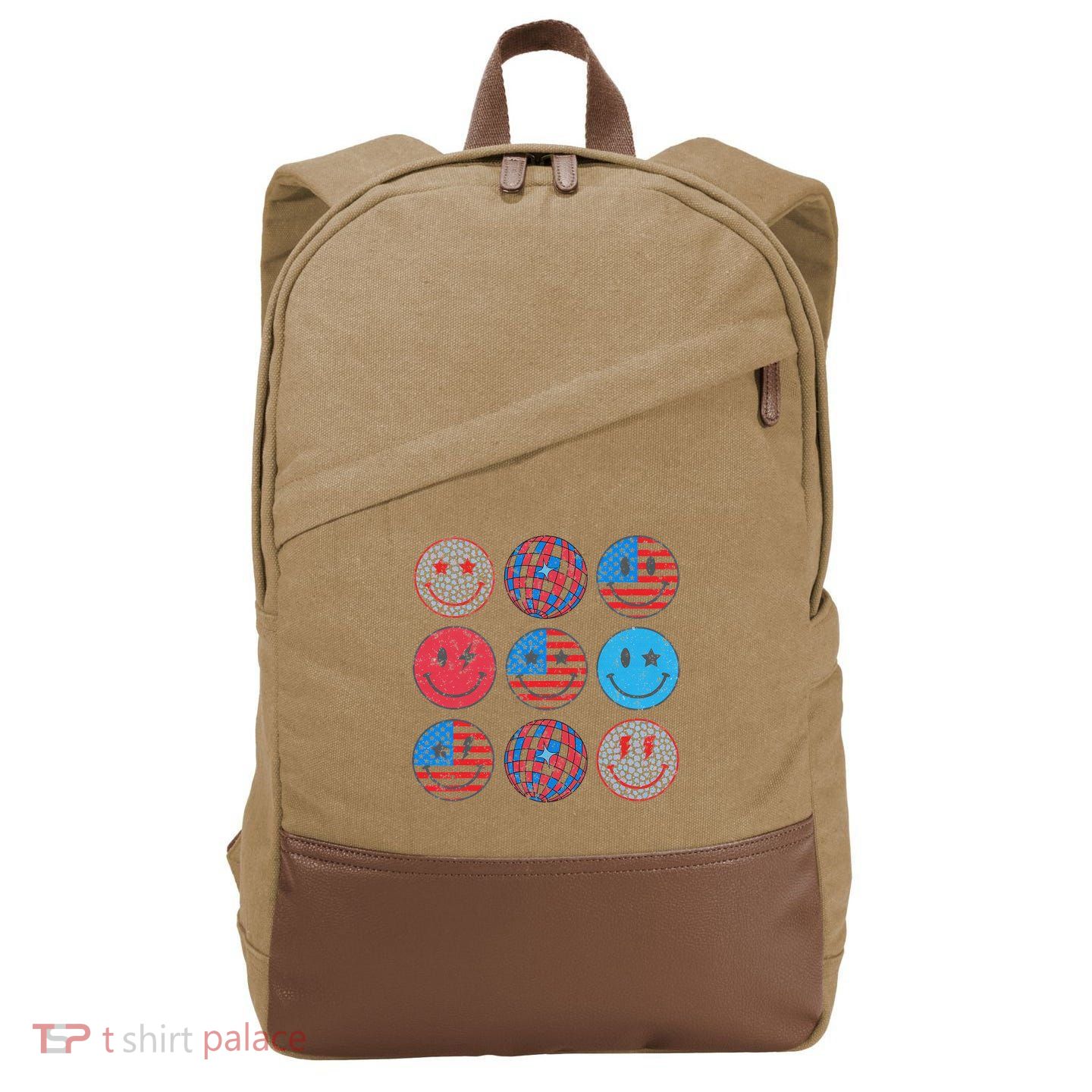 Happy 4th Of July Groovy Smile Face Red White Blue Usa Flag Cotton Canvas Backpack