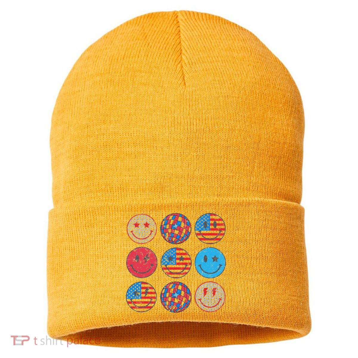 Happy 4th Of July Groovy Smile Face Red White Blue Usa Flag Sustainable Knit Beanie