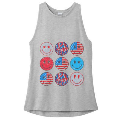 Happy 4th Of July Groovy Smile Face Red White Blue Usa Flag Ladies PosiCharge Tri-Blend Wicking Tank