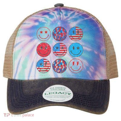Happy 4th Of July Groovy Smile Face Red White Blue Usa Flag Legacy Tie Dye Trucker Hat