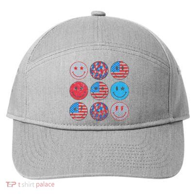 Happy 4th Of July Groovy Smile Face Red White Blue Usa Flag 7-Panel Snapback Hat