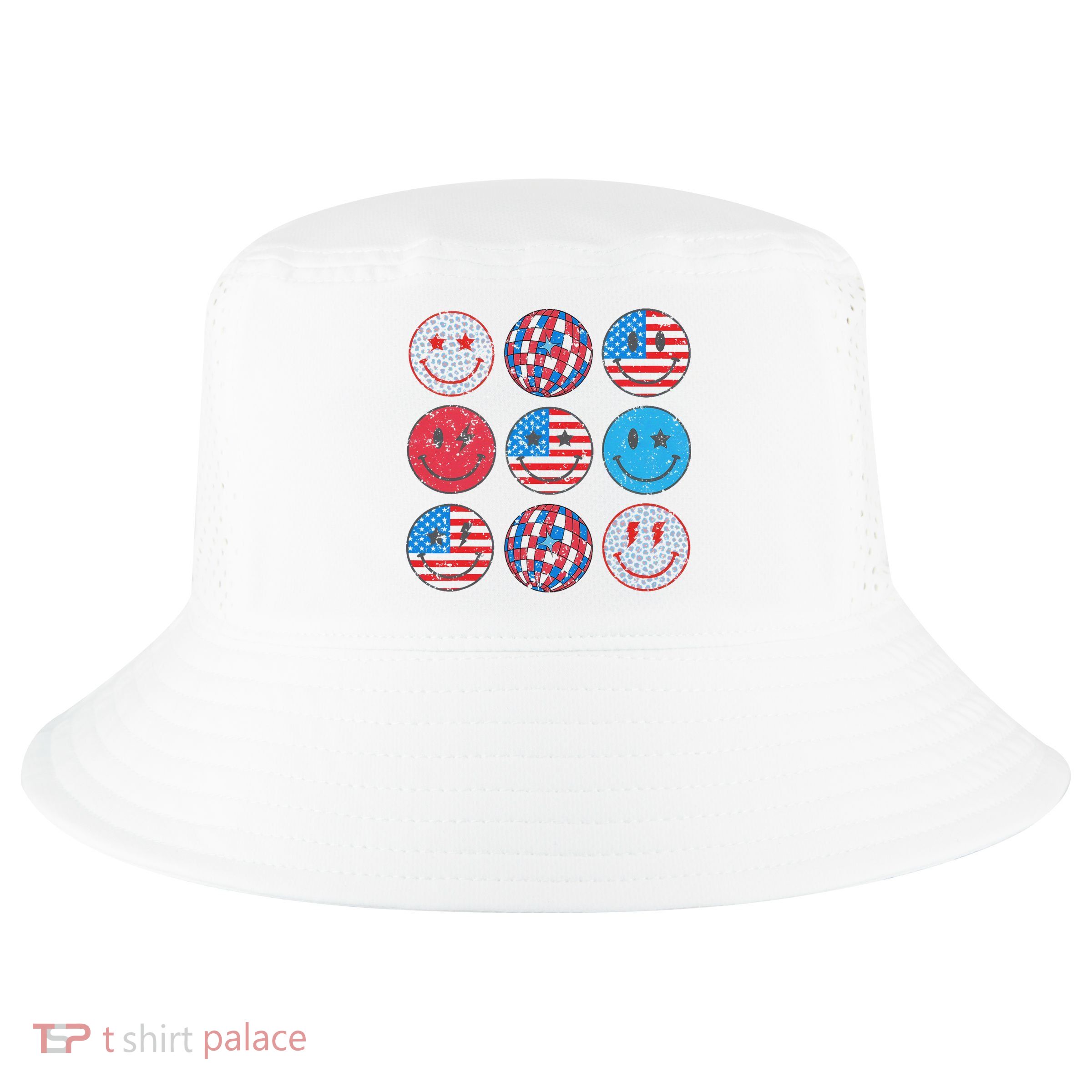 Happy 4th Of July Groovy Smile Face Red White Blue Usa Flag Cool Comfort Performance Bucket Hat