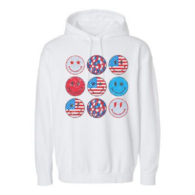 Happy 4th Of July Groovy Smile Face Red White Blue Usa Flag Garment-Dyed Fleece Hoodie