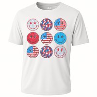 Happy 4th Of July Groovy Smile Face Red White Blue Usa Flag Cooling Performance Crew T-Shirt