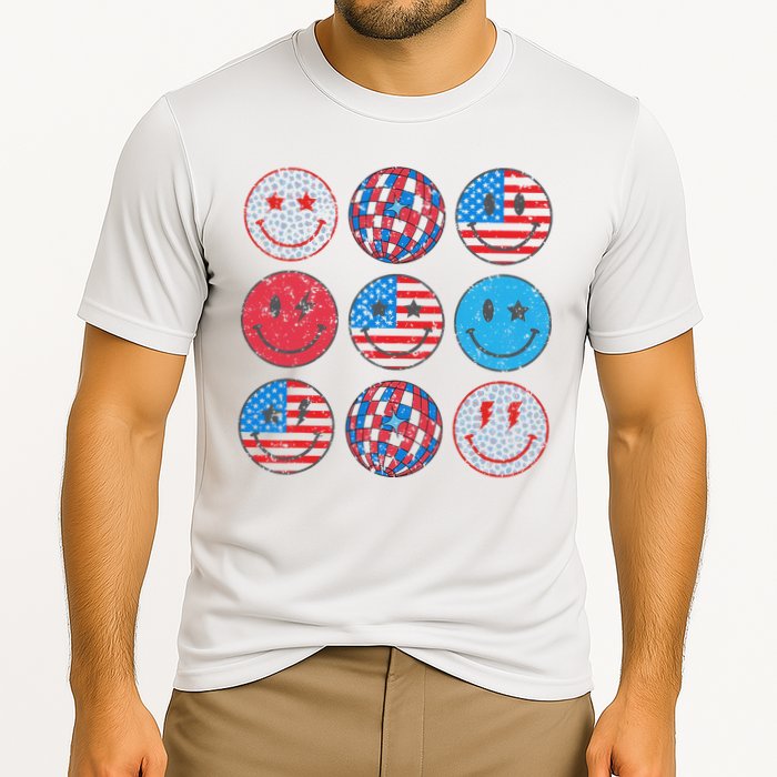 Happy 4th Of July Groovy Smile Face Red White Blue Usa Flag Cooling Performance Crew T-Shirt