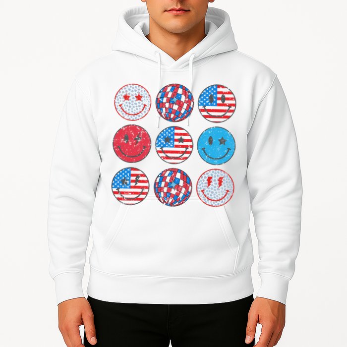Happy 4th Of July Groovy Smile Face Red White Blue Usa Flag Hoodie