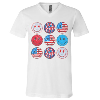 Happy 4th Of July Groovy Smile Face Red White Blue Usa Flag V-Neck T-Shirt
