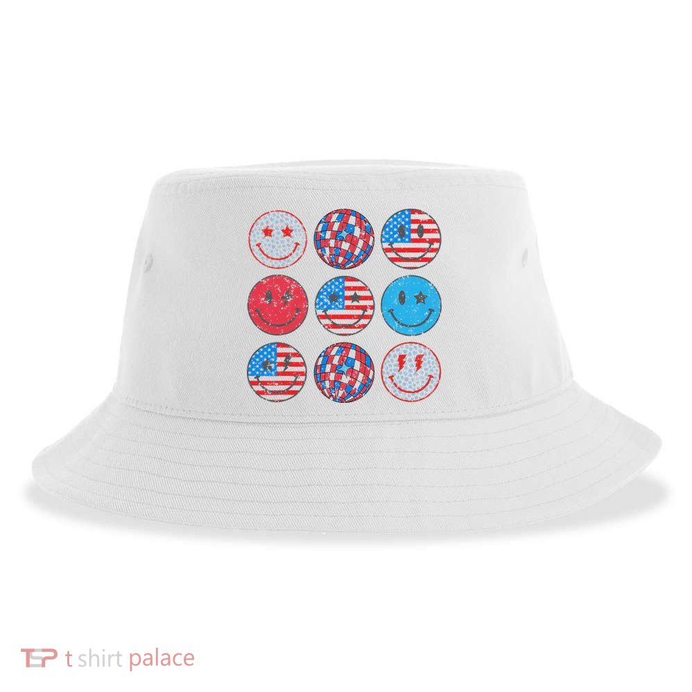 Happy 4th Of July Groovy Smile Face Red White Blue Usa Flag Sustainable Bucket Hat