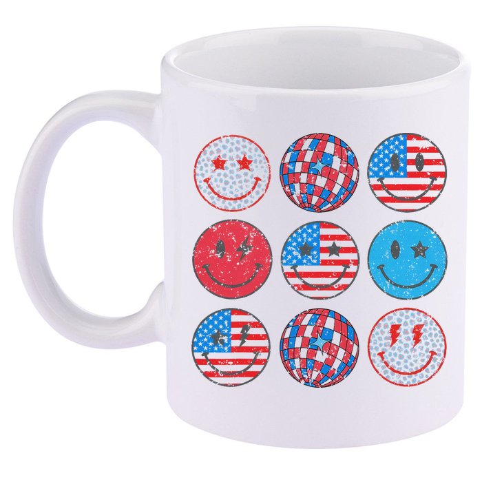 Happy 4th Of July Groovy Smile Face Red White Blue Usa Flag 11oz C Handle Ceramic Mug