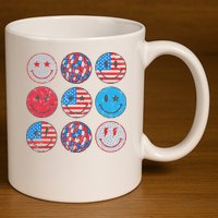 Happy 4th Of July Groovy Smile Face Red White Blue Usa Flag 11oz C Handle Ceramic Mug