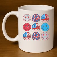 Happy 4th Of July Groovy Smile Face Red White Blue Usa Flag 11oz C Handle Ceramic Mug