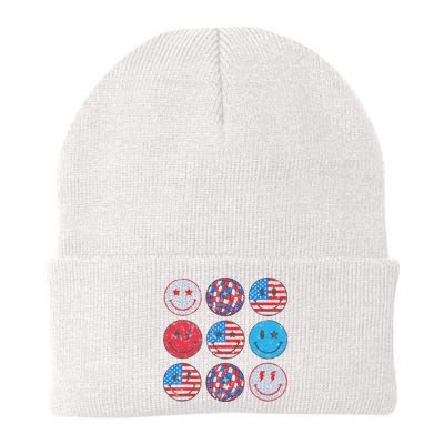 Happy 4th Of July Groovy Smile Face Red White Blue Usa Flag Beanie