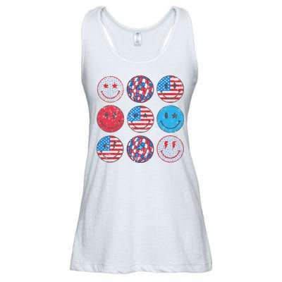 Happy 4th Of July Groovy Smile Face Red White Blue Usa Flag Ladies Essential Flowy Tank