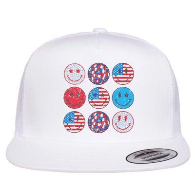 Happy 4th Of July Groovy Smile Face Red White Blue Usa Flag Flatbill Hat