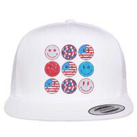 Happy 4th Of July Groovy Smile Face Red White Blue Usa Flag Flat Bill Trucker Hat