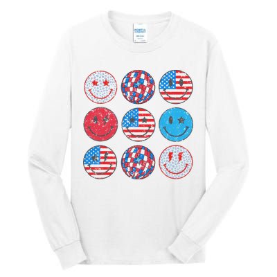 Happy 4th Of July Groovy Smile Face Red White Blue Usa Flag Tall Long Sleeve T-Shirt