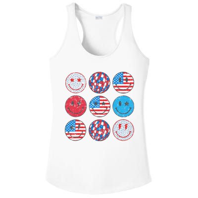 Happy 4th Of July Groovy Smile Face Red White Blue Usa Flag Ladies PosiCharge Competitor Racerback Tank