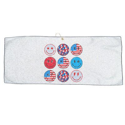 Happy 4th Of July Groovy Smile Face Red White Blue Usa Flag Large Microfiber Waffle Golf Towel