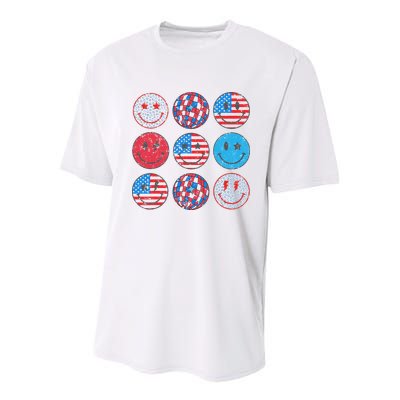 Happy 4th Of July Groovy Smile Face Red White Blue Usa Flag Youth Performance Sprint T-Shirt
