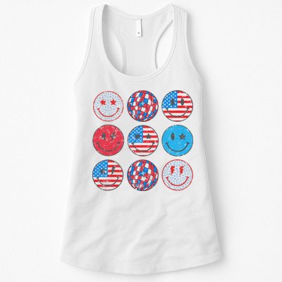 Happy 4th Of July Groovy Smile Face Red White Blue Usa Flag Womens Tank Top