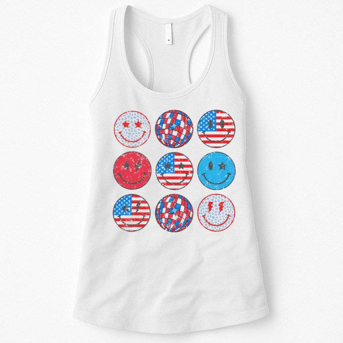 Happy 4th Of July Groovy Smile Face Red White Blue Usa Flag Womens Tank Top