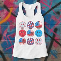 Happy 4th Of July Groovy Smile Face Red White Blue Usa Flag Womens Tank Top
