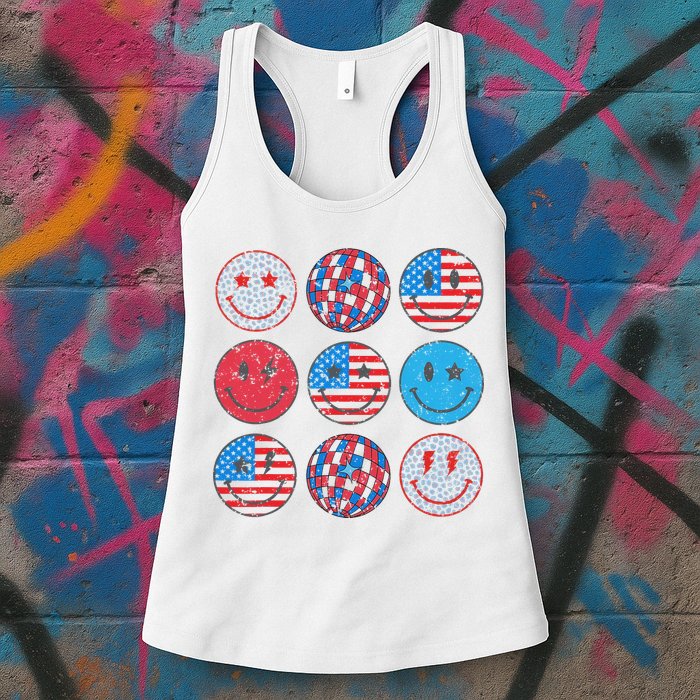 Happy 4th Of July Groovy Smile Face Red White Blue Usa Flag Womens Tank Top