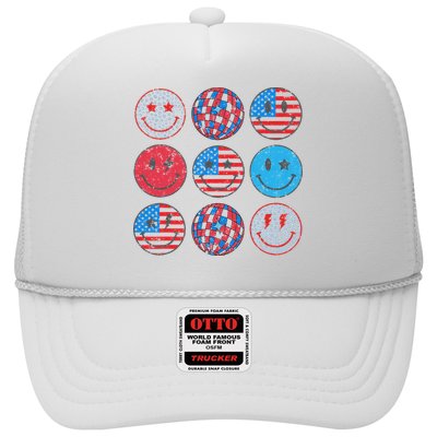 Happy 4th Of July Groovy Smile Face Red White Blue Usa Flag Trucker Hat