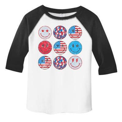 Happy 4th Of July Groovy Smile Face Red White Blue Usa Flag Toddler Fine Jersey T-Shirt