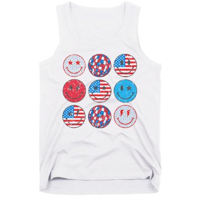 Happy 4th Of July Groovy Smile Face Red White Blue Usa Flag Tank Top