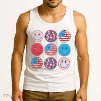 Happy 4th Of July Groovy Smile Face Red White Blue Usa Flag Tank Top
