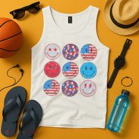 Happy 4th Of July Groovy Smile Face Red White Blue Usa Flag Tank Top